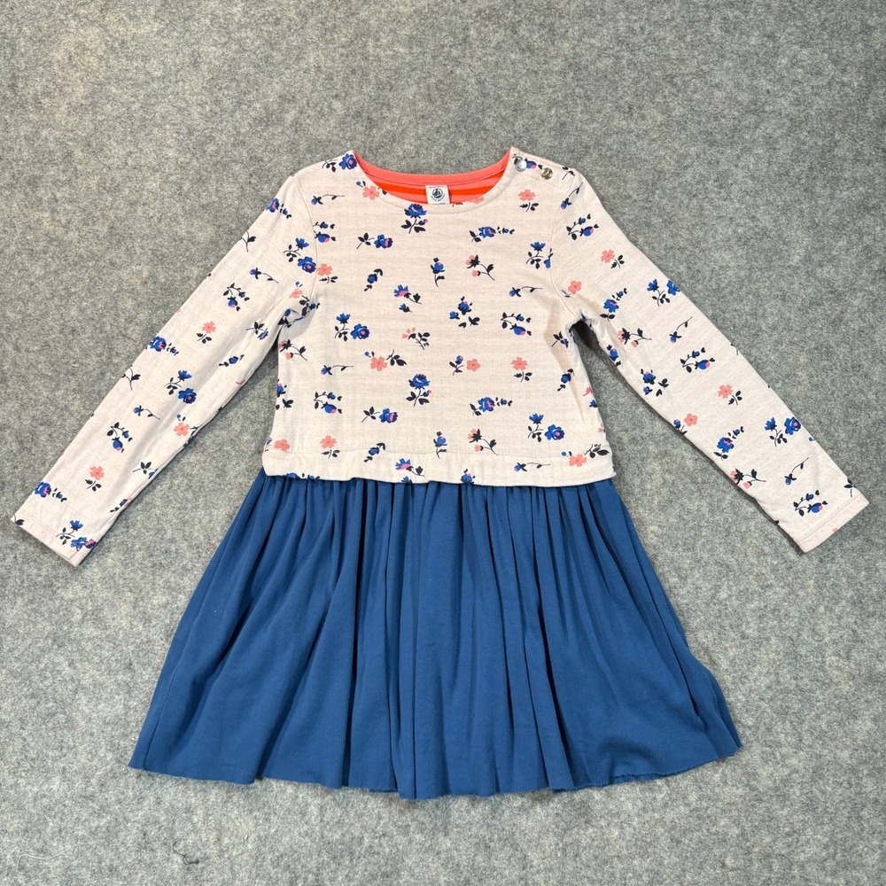 Petit Bateau Dress Girls 8 Blue Pink Floral Cotton Long Sleeve Flared Skirt